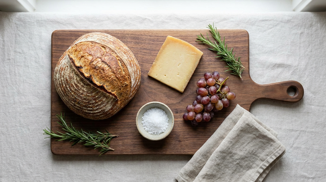 Brot, Käse und Trauben auf Holzbrett