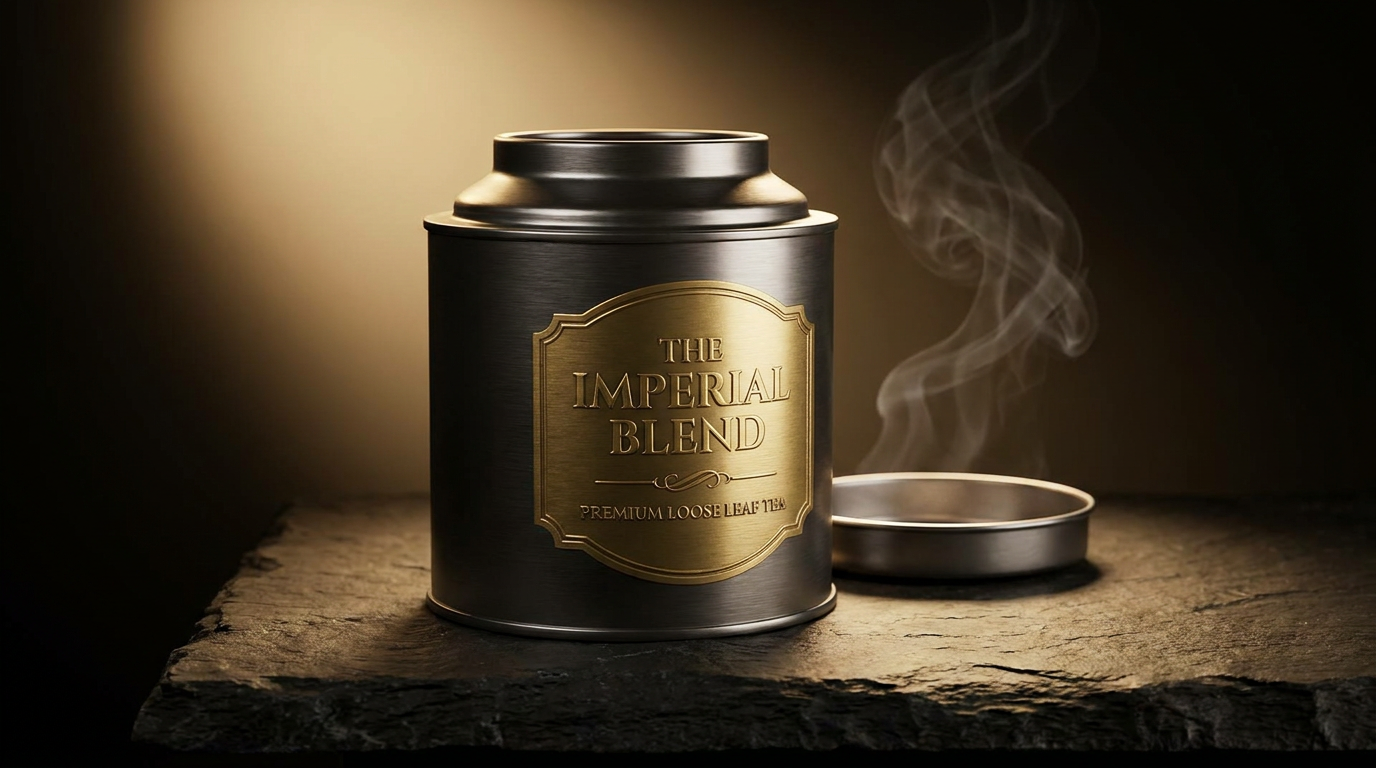 Teedose mit Goldlabel im Kunstlicht