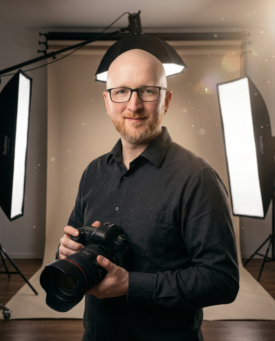 Chris Sikora, Fotograf bei finegoods.AI, im Studio mit Kamera